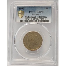 AUSTRALIA 2000 . ONE 1 DOLLAR COIN . ERROR . MULE . STRUCK ON TEN 10 CENTS